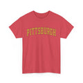 Red heather Vintage Classic Pittsburgh tee with bold yellow text, unisex fit and crew neck for everyday wear.