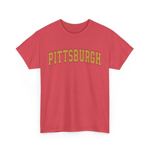 Red heather Vintage Classic Pittsburgh tee with bold yellow text, unisex fit and crew neck for everyday wear.