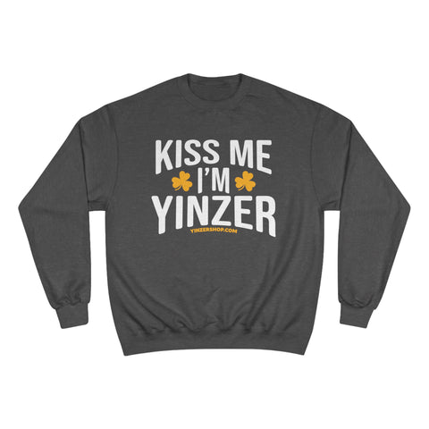 Kiss Me, I'm Yinzer - Champion Crewneck Sweatshirt Sweatshirt Printify Charcoal Heather S 