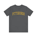 Charcoal gray Vintage Classic Pittsburgh Short Sleeve T-Shirt with yellow Pittsburgh lettering, perfect for quick 2-day delivery.