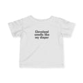 White Cleveland Smells Like My Diaper infant jersey t-shirt with bold black text, perfect for humorous baby apparel.