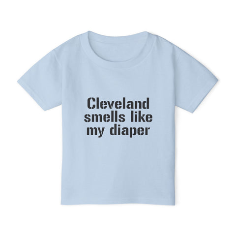 Light blue Cleveland Smells Like My Diaper toddler t-shirt crafted from soft cotton, great for playful kids' fashion and casual wear.
