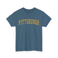 Denim blue Vintage Classic Pittsburgh tee in unisex fit, featuring bold yellow text and soft cotton fabric.