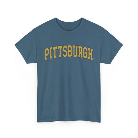 Denim blue Vintage Classic Pittsburgh tee in unisex fit, featuring bold yellow text and soft cotton fabric.