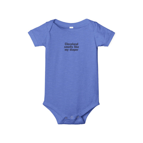 Light blue baby bodysuit with witty 'Cleveland smells like my diaper' message, soft jersey for infants.