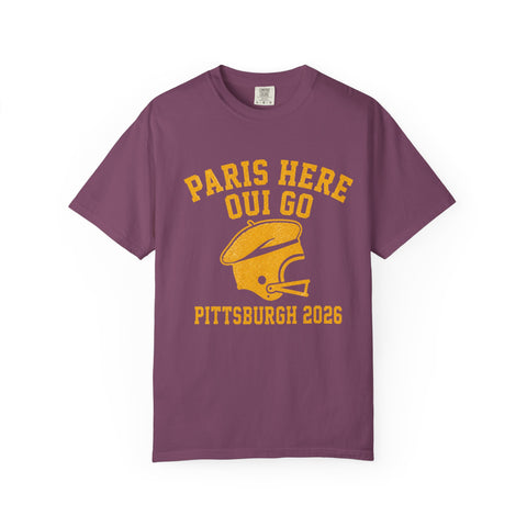 Paris Here We Go Pittsburgh 2026 French Beret Helmet on Premium Comfort Colors® T-Shirt