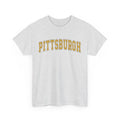 Sport grey unisex Pittsburgh t-shirt with bold yellow text, made from heavy cotton for comfort and durability.