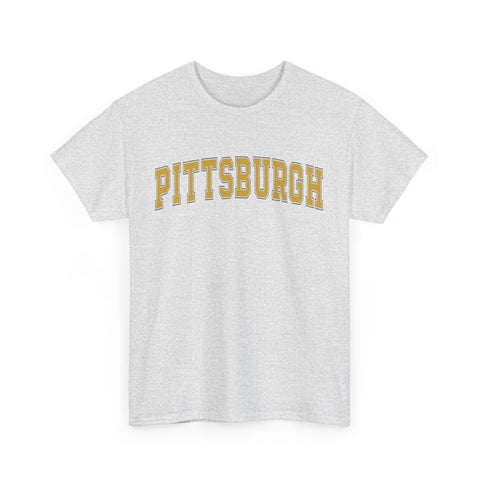 Sport grey unisex Pittsburgh t-shirt with bold yellow text, made from heavy cotton for comfort and durability.