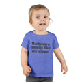 Toddler in heather blue T-shirt with 'Baltimore smells like my diaper' slogan, a humorous kids fashion statement.