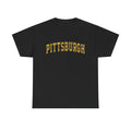 Black unisex Pittsburgh t-shirt with vintage yellow lettering, made from heavy cotton for comfort and fast shipping options.