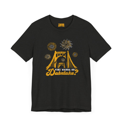 Yinz Wanna Go Dahntahn for Fireworks - Vintage Logo - Short Sleeve Tee T-Shirt Printify Black Heather S 