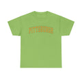 Light green unisex Pittsburgh t-shirt with vintage yellow text, made from heavy cotton for durability and fast delivery.