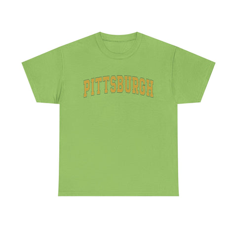 Light green unisex Pittsburgh t-shirt with vintage yellow text, made from heavy cotton for durability and fast delivery.