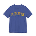 Front of heather blue Vintage Classic Pittsburgh Short Sleeve T-Shirt with bold yellow text, ideal for casual fashion.