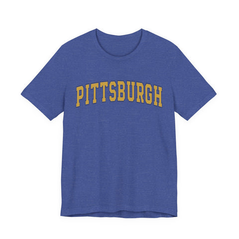 Front of heather blue Vintage Classic Pittsburgh Short Sleeve T-Shirt with bold yellow text, ideal for casual fashion.