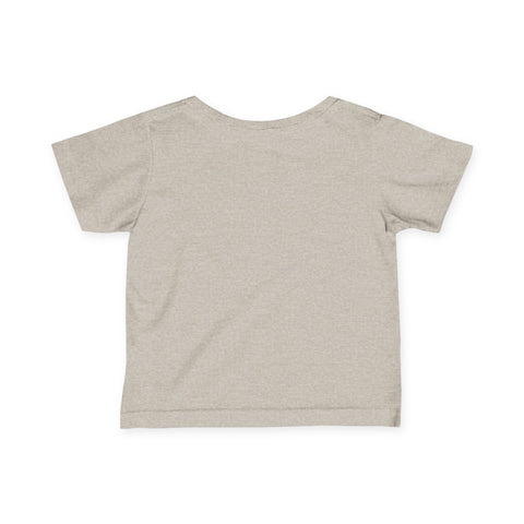 Back view of beige infant jersey T-shirt in soft cotton, ideal for baby apparel and unisex toddler wear.