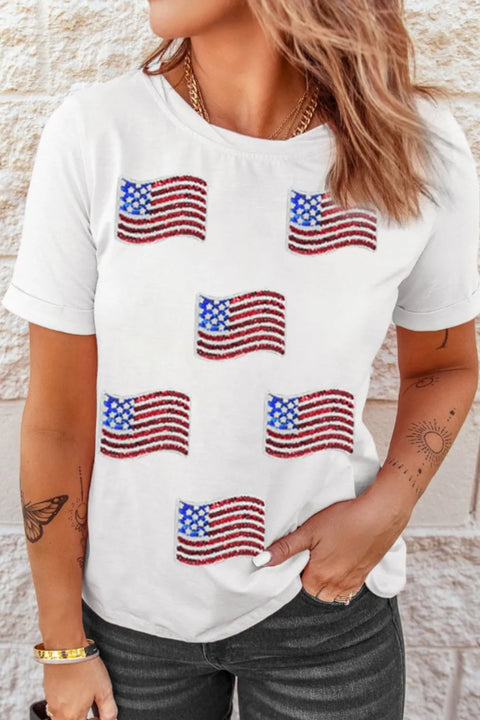 Sequin American Flag Patched Casual T Shirt