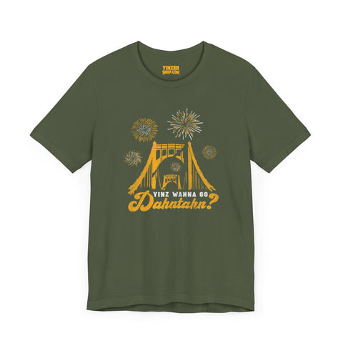 Yinz Wanna Go Dahntahn for Fireworks - Vintage Logo - Short Sleeve Tee T-Shirt Printify Military Green S 