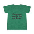 Heather green toddler T-shirt with the phrase 'Cleveland smells like my diaper' in black, a fun and bold kidswear option.