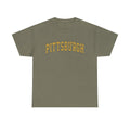 Olive green Vintage Classic Pittsburgh tee with gold lettering, unisex regular fit perfect for casual and sporty outfits.