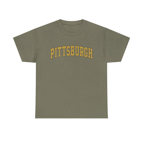 Olive green Vintage Classic Pittsburgh tee with gold lettering, unisex regular fit perfect for casual and sporty outfits.