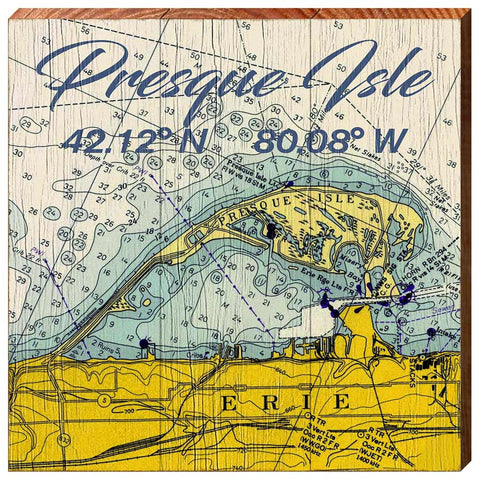 Presque Isle, Erie Pennsylvania Map Latitude Longitude Wooden Sign | Wall Art Print on Real Wood | Lake Lodge Cabin House Home Decor