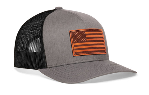 American Flag Trucker Hat Leather  |  Gray Black USA Snapback