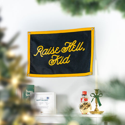 Kid Camp Flag – Raise Hell Black And Gold Durable Nylon Banner 16x24