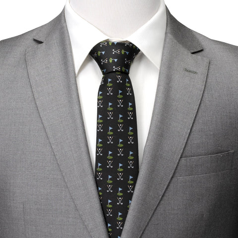 Black Silk Men's Tie – Golf Course Printed Necktie for Sports Fans
