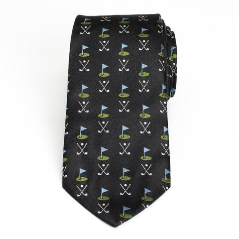 Black Silk Men's Tie – Golf Course Printed Necktie for Sports Fans