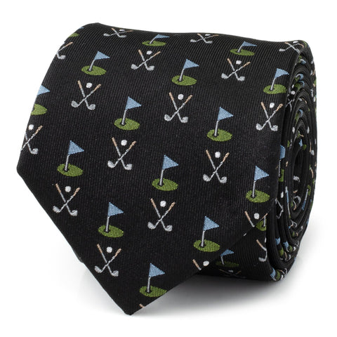 Black Silk Men's Tie – Golf Course Printed Necktie for Sports Fans