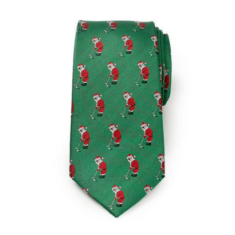 Men's Green Tie – Santa Golf Par-Tee Silk Blend Holiday Necktie in Kelly Green