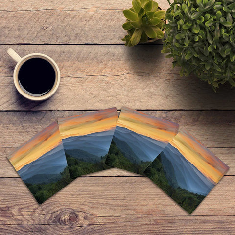 Blue Ridge Mountains Sunset Coasters | Drink Coaster Set of 4 | Absorbent Ridged Ceramic with Cork Backing Coasters Mill Wood Art Coasters 4.25" x 4.25"  