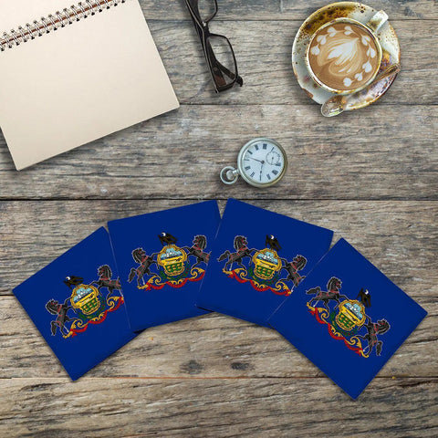 Pennsylvania State Flag | Drink Coaster Set of 4 | Absorbent Ridged Ceramic with Cork Backing Coasters Mill Wood Art Coasters 4.25" x 4.25"  