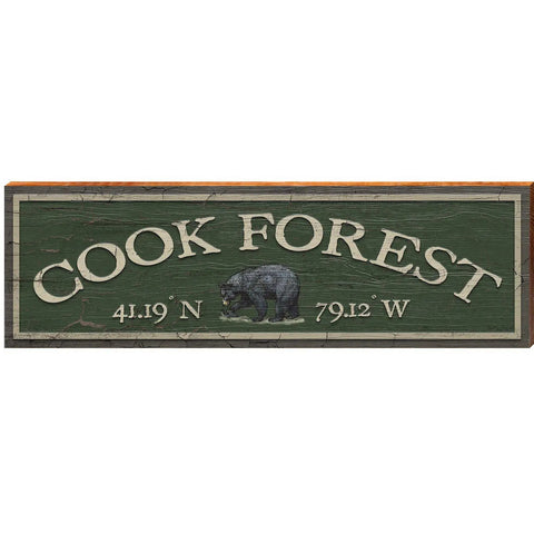 Cook Forest Black Bear Green Latitude Longitude | Wall Art Print on Real Wood Wood Sign Mill Wood Art 3.75" x 12"  