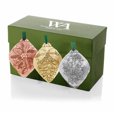 Christmas Botanicals Ornament Set - Hand Hammered Mixed Metal Holiday Décor