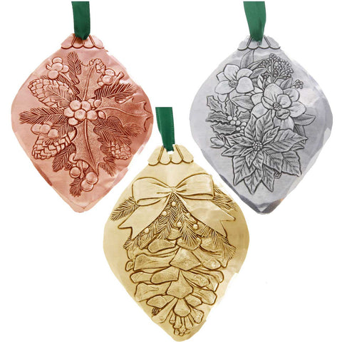 Christmas Botanicals Ornament Set - Hand Hammered Mixed Metal Holiday Décor