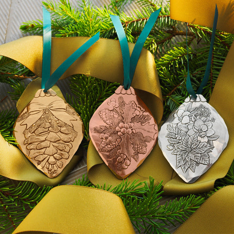 Christmas Botanicals Ornament Set - Hand Hammered Mixed Metal Holiday Décor
