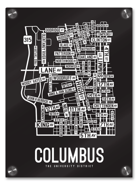 Columbus, Ohio Street Map College Map Prints School Street Posters Black Background / White Map 18" x 22" Acrylic Print