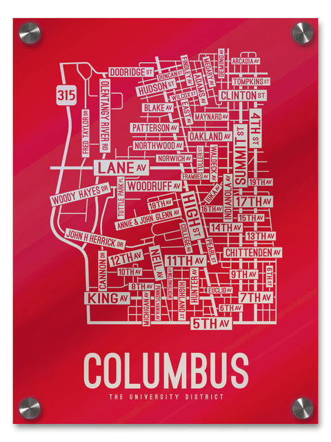 Columbus, Ohio Street Map College Map Prints School Street Posters Red Background / Gray Map 18" x 22" Acrylic Print