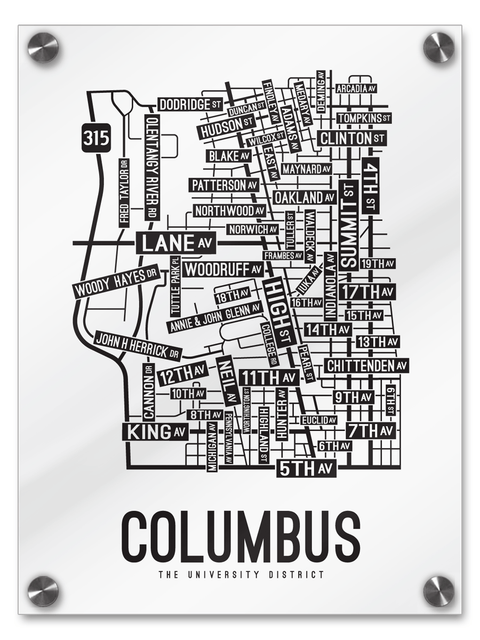 Columbus, Ohio Street Map College Map Prints School Street Posters White Background / Black Map 18" x 22" Acrylic Print