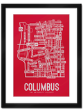 Columbus, Ohio Street Map College Map Prints School Street Posters Red Background / Gray Map 11" x 14" Framed Print