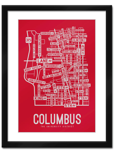 Columbus, Ohio Street Map College Map Prints School Street Posters Red Background / Gray Map 11" x 14" Framed Print