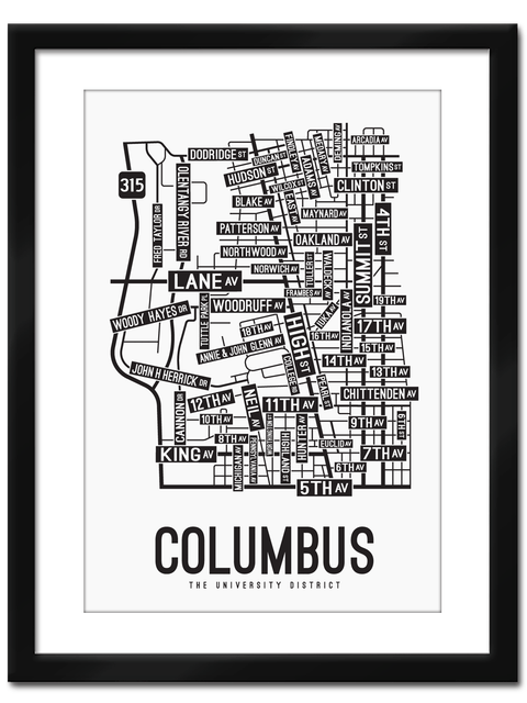 Columbus, Ohio Street Map College Map Prints School Street Posters White Background / Black Map 11" x 14" Framed Print