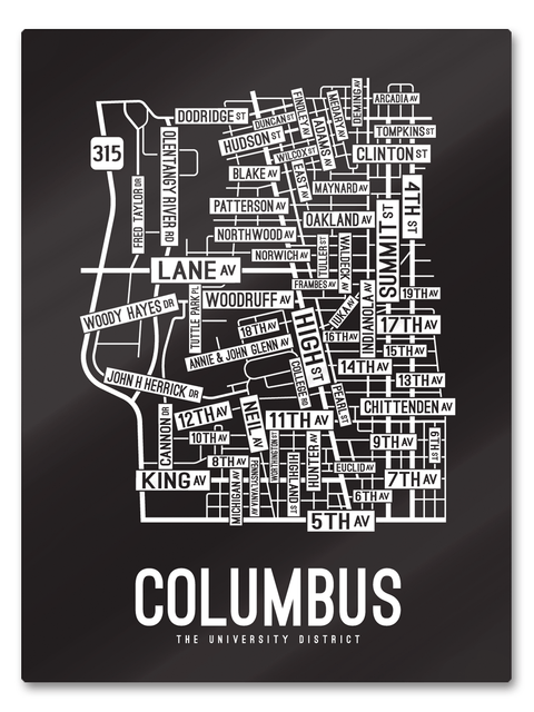 Columbus, Ohio Street Map College Map Prints School Street Posters Black Background / White Map 18" x 22" Metal Print