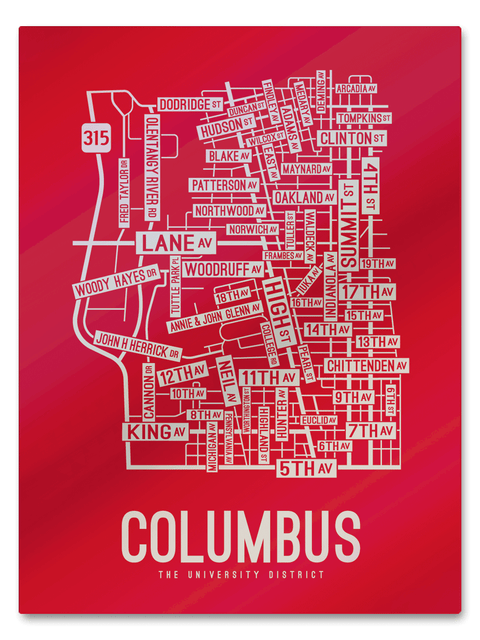 Columbus, Ohio Street Map College Map Prints School Street Posters Red Background / Gray Map 18" x 22" Metal Print