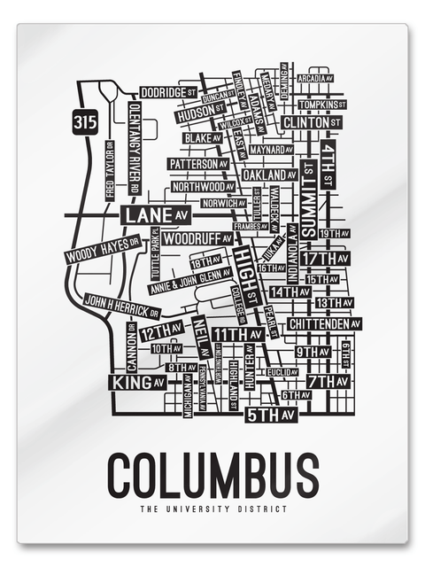 Columbus, Ohio Street Map College Map Prints School Street Posters White Background / Black Map 18" x 22" Metal Print