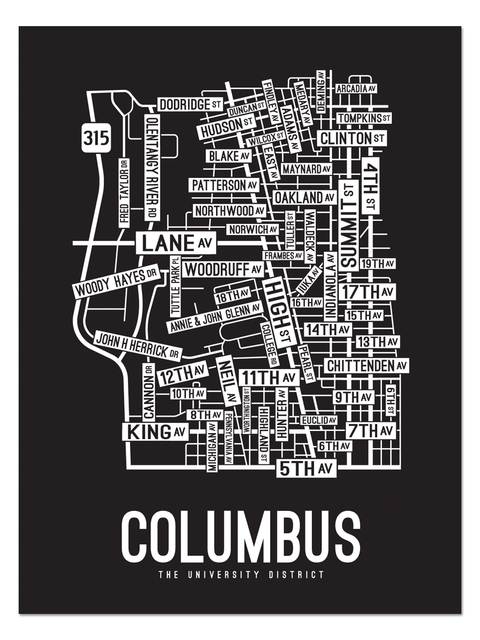 Columbus, Ohio Street Map College Map Prints School Street Posters Black Background / White Map 11" x 14" Poster