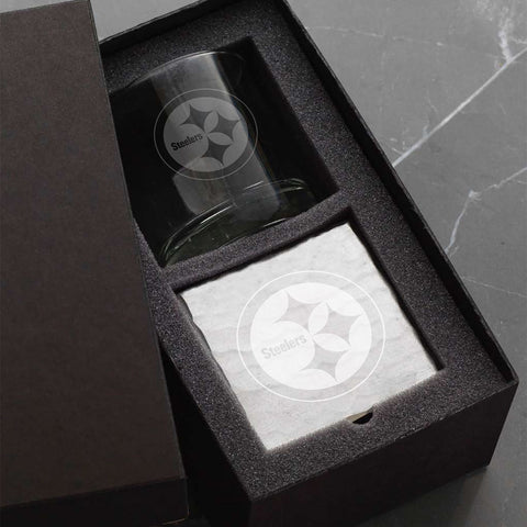 Steelers Rocks Glass Set – Etched Pittsburgh Fan Gift with Square Coaster