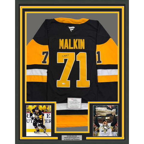 Framed Autographed/Signed Evgeni Malkin 35x39 Pittsburgh Penguins Authentic Black Hockey Jersey Fanatics COA
